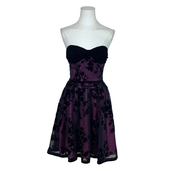 Betsey Johnson Womens Black/Purple Velvet Floral Strapless Evening Dress Size 2 - Picture 1 of 7